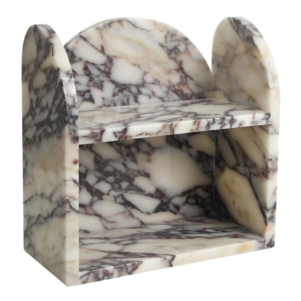 DUANYAN two-tier marble organizer keeps cosmetics neatly displayed on the vanity.
