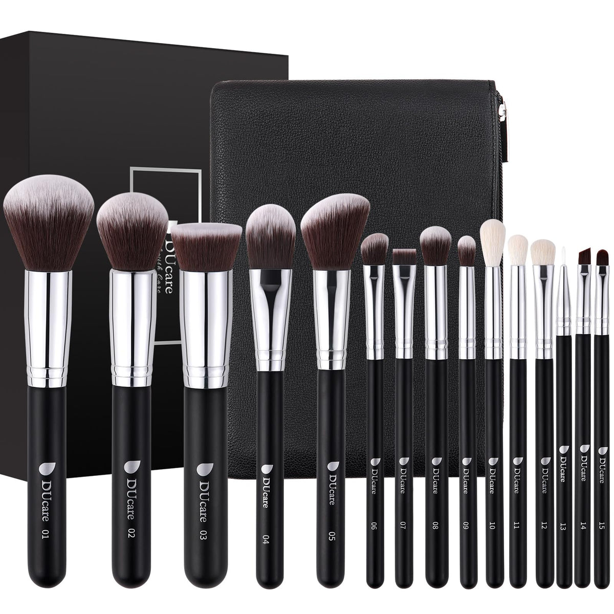 DUcare makeup brushes in travel bag for a complete 15-piece kit on the go