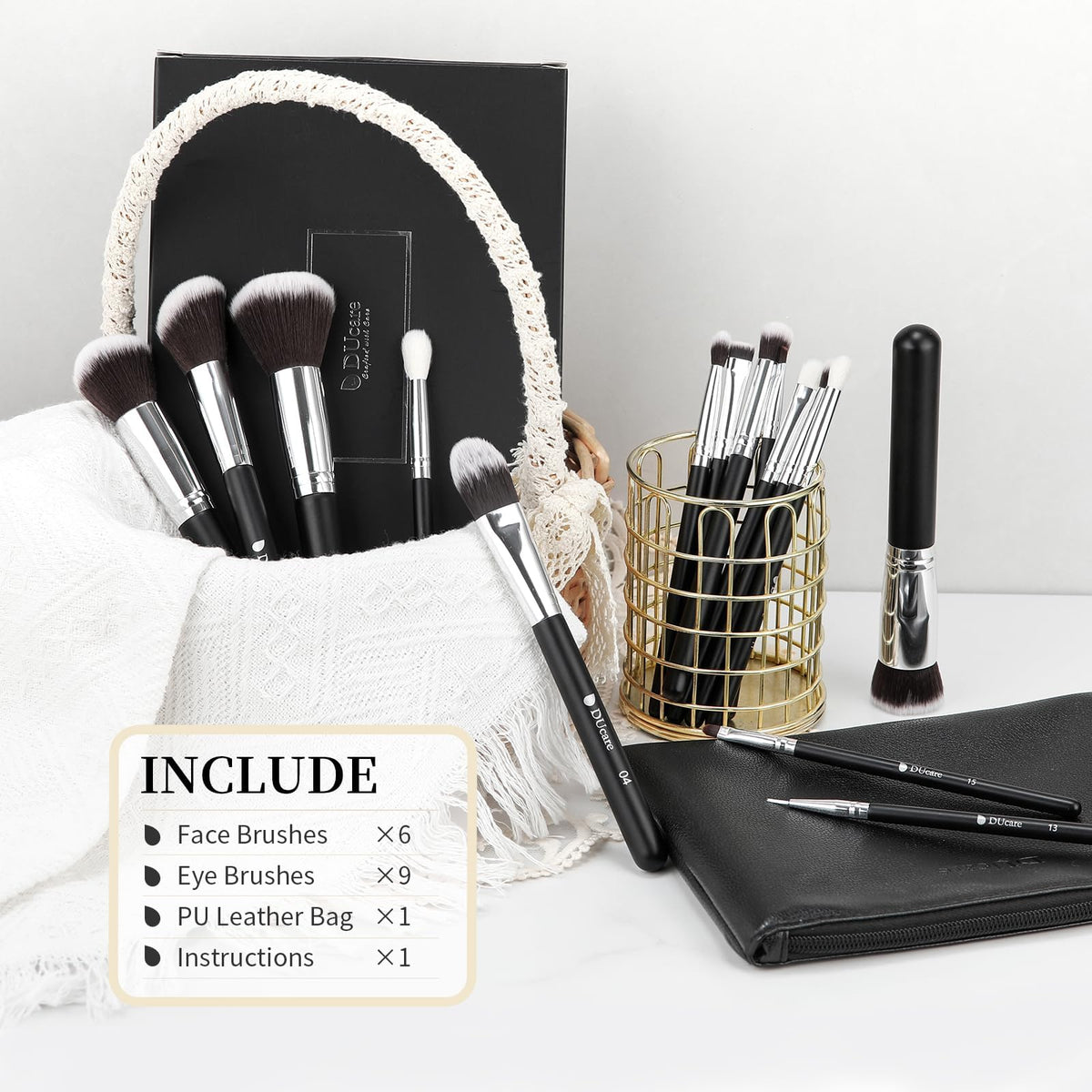 DUcare 15-piece brush set for foundation, eyes, cheeks, and finishing touches