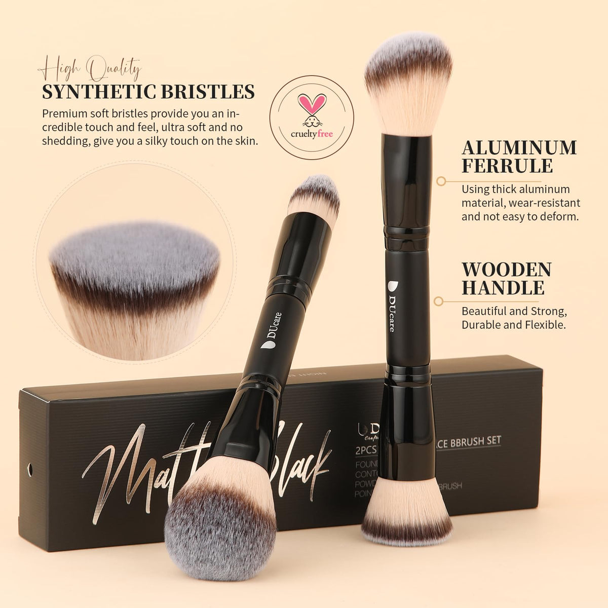 DUcare travel-friendly 2in1 brush set fits compact bags for on-the-go makeup.
