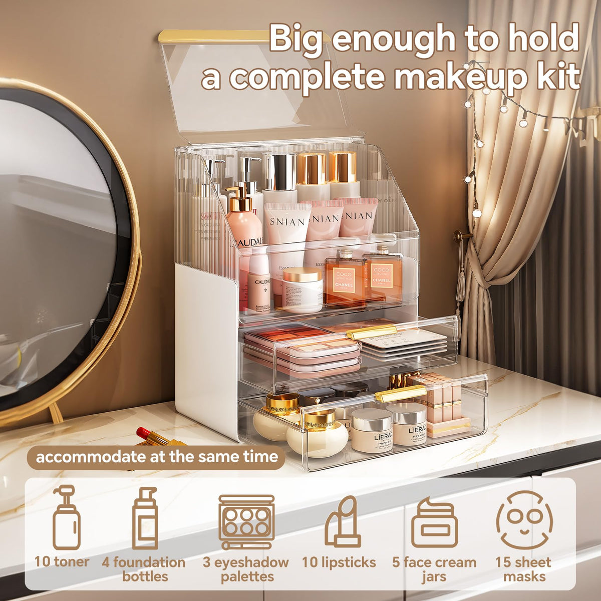 Ducoak-3-tier-skincare-storage highlights tall bottles in the upper zone for easy reach.