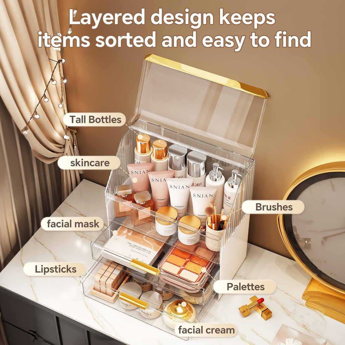 Ducoak-clear-makeup-storage demonstrates transparent walls for quick color checks.