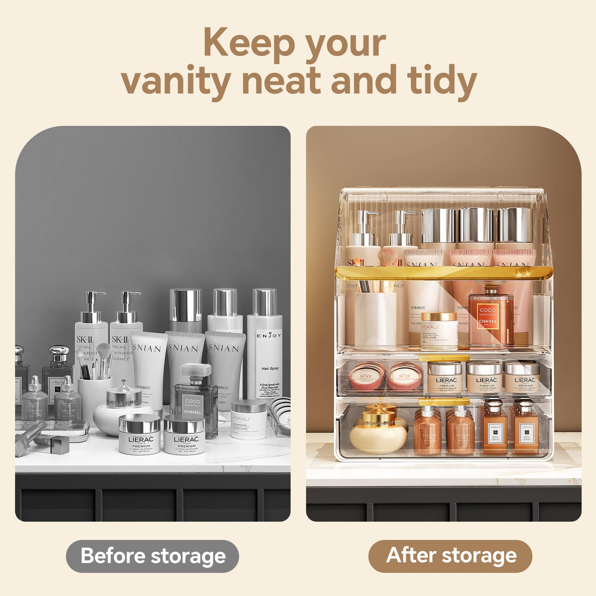 Ducoak-countertop-cosmetics-display keeps essentials within reach on a dresser.