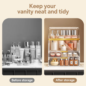 Ducoak-countertop-cosmetics-display keeps essentials within reach on a dresser.