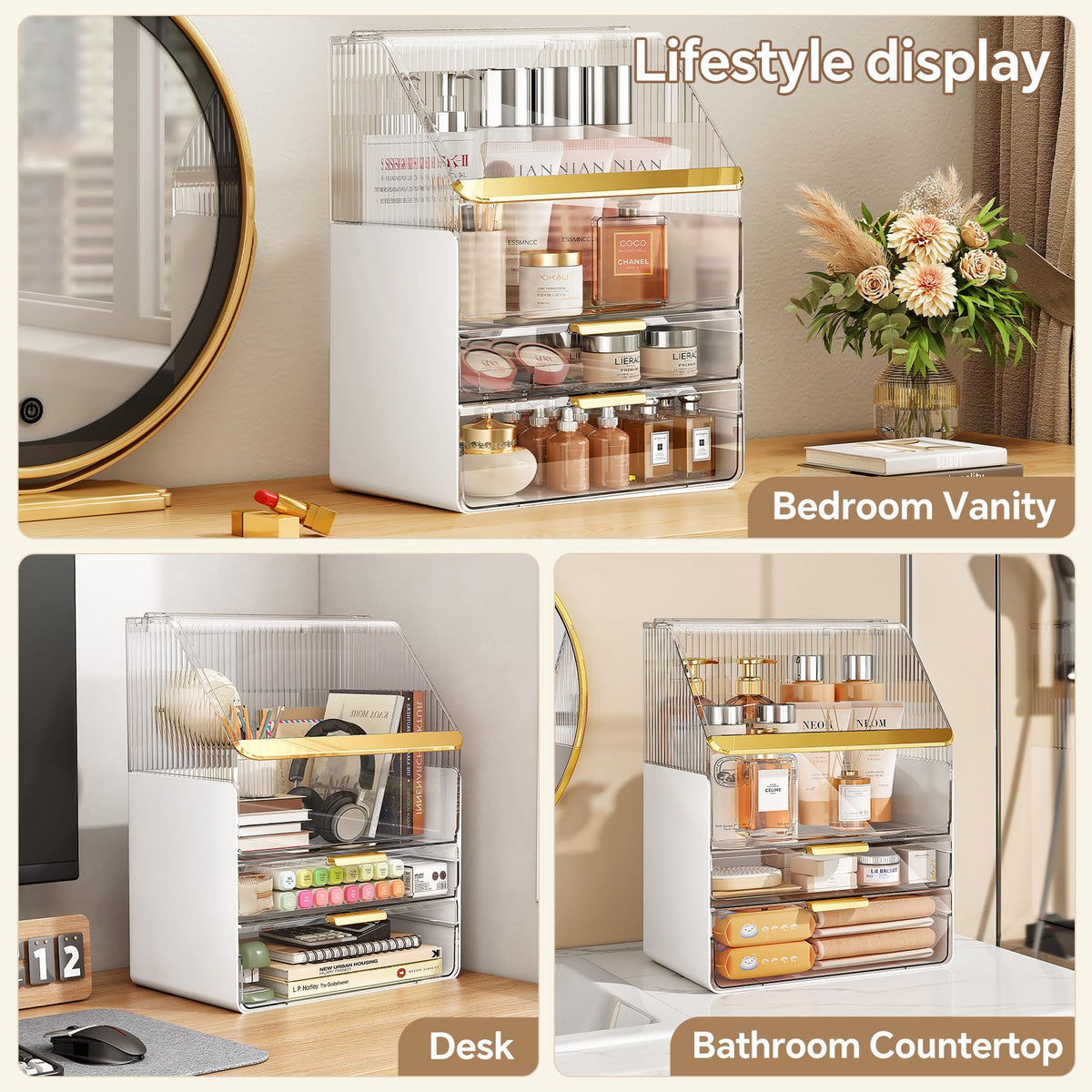 Ducoak-modern-vanity-tray blends with contemporary decor while organizing cosmetics.