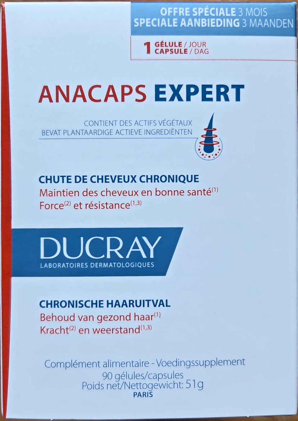Ducray Anacaps Expert bottle front view highlighting daily hair and nail support.