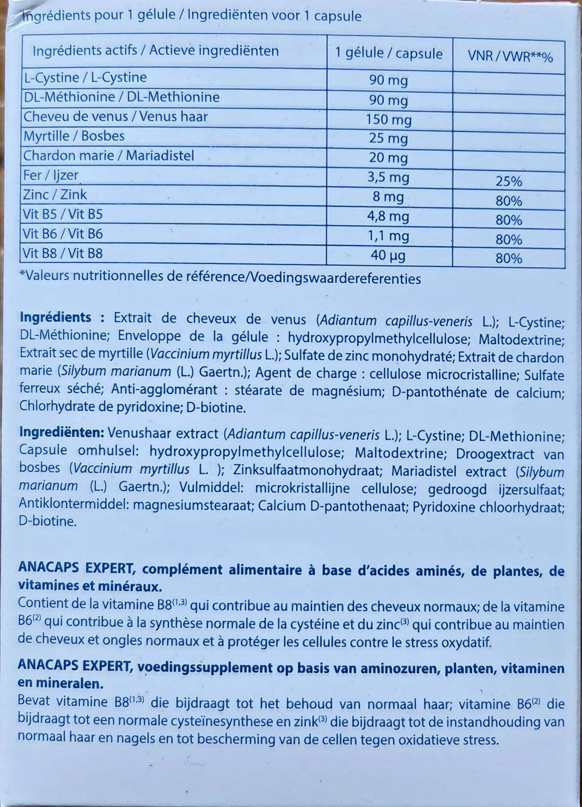 Ducray Anacaps Expert label shows biotin and minerals for normal hair maintenance.