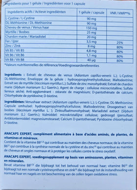 Ducray Anacaps Expert label shows biotin and minerals for normal hair maintenance.