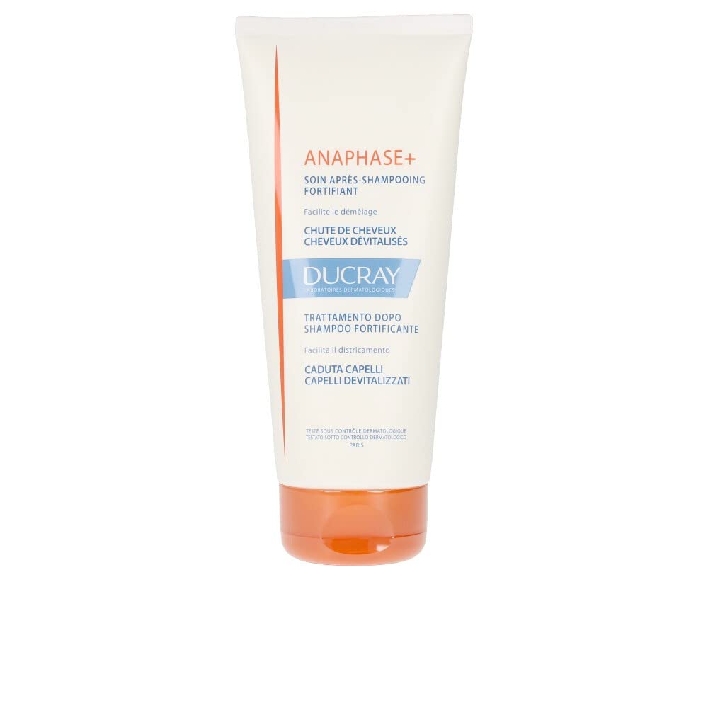 Ducray Anaphase+ Strengthening Conditioner bottle promotes detangling and lightweight volume.