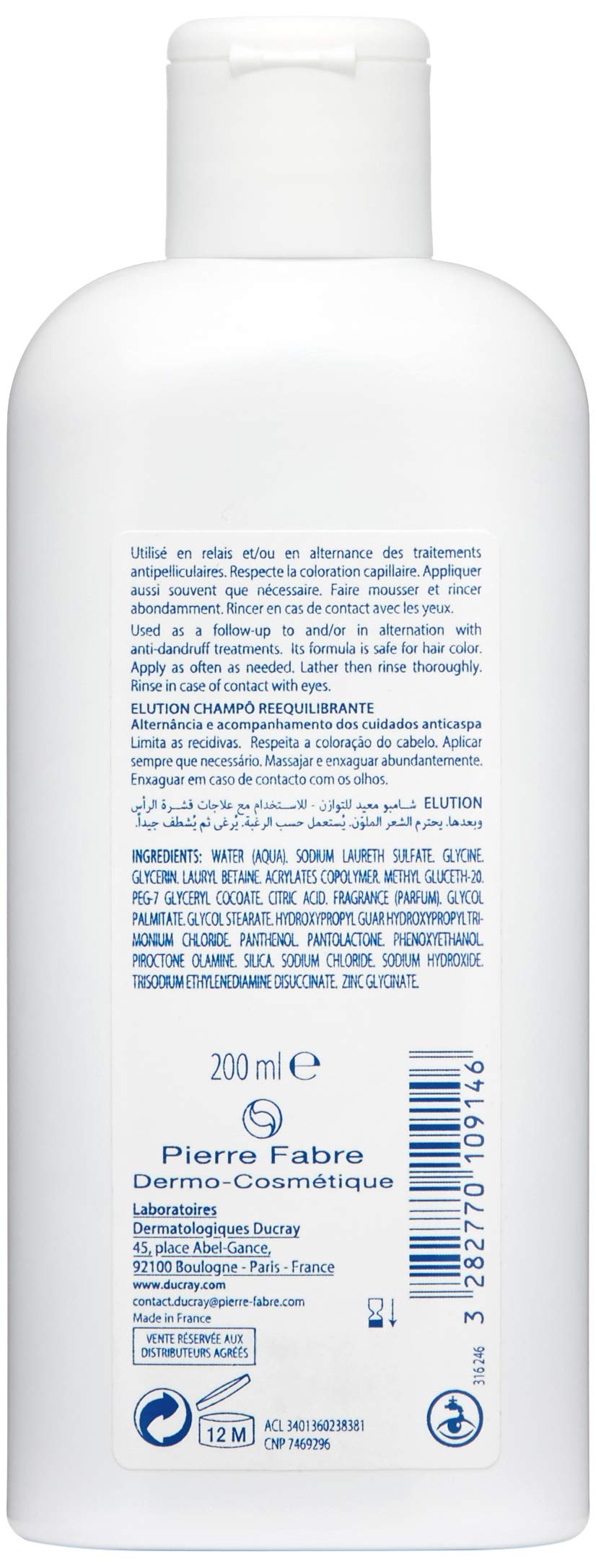 Ducray Elution shampoo being poured for gentle cleansing suitable for sensitive scalps.