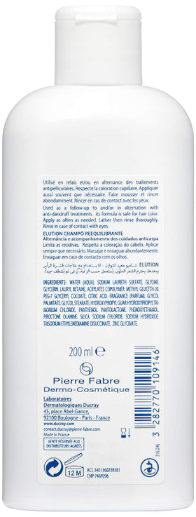 Ducray Elution shampoo being poured for gentle cleansing suitable for sensitive scalps.