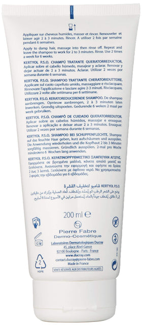 Close-up of Ducray Kertyol P.S.O. label highlighting a gentle, coal tar-free formula.