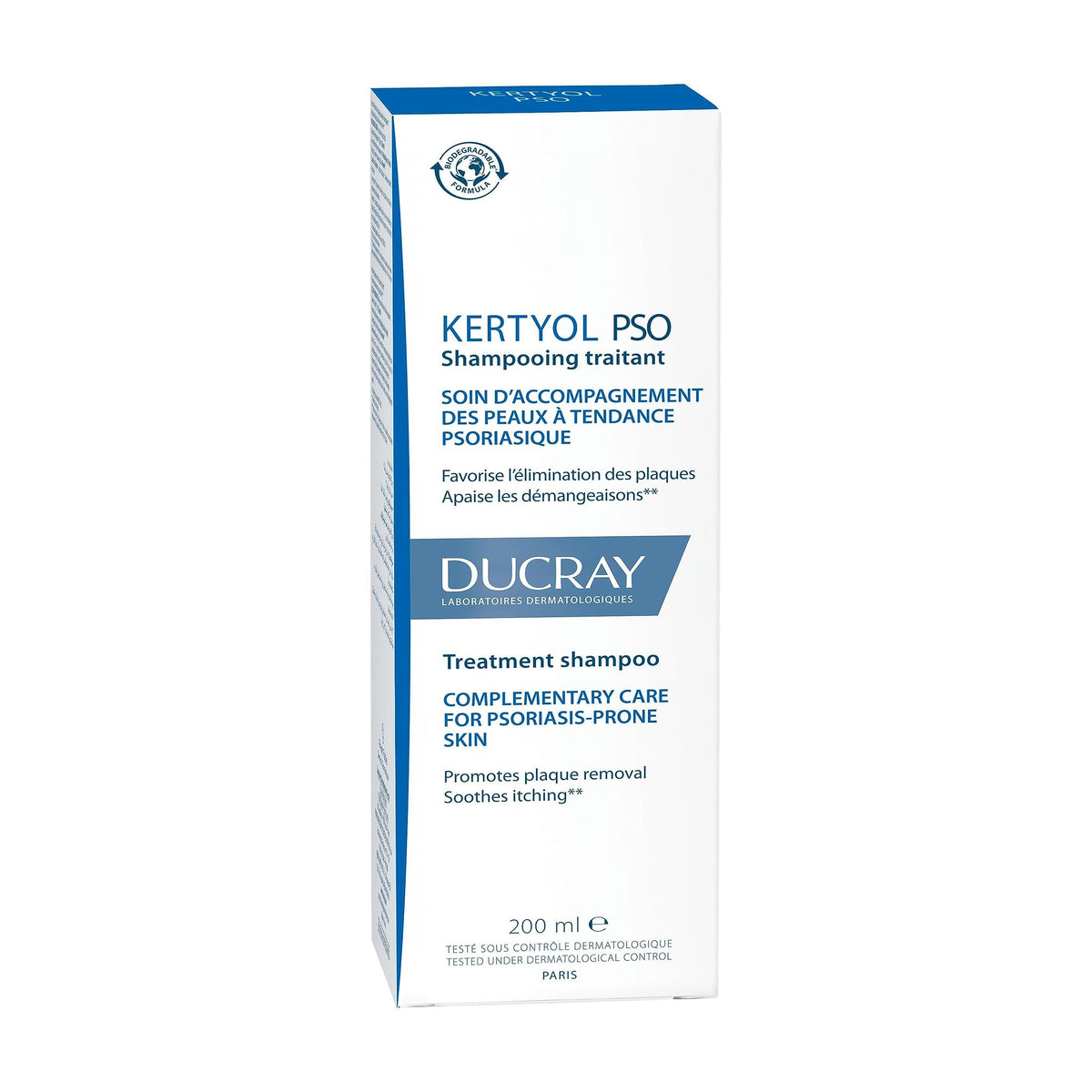 Ducray Kertyol P.S.O. box packaging to emphasize brand trust and dermatologist-friendly formula.