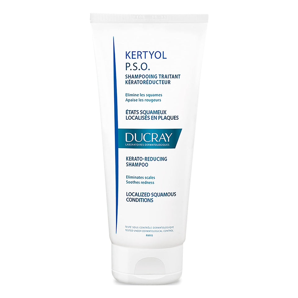 Ducray Kertyol P.S.O. shampoo bottle shown for psoriasis-prone scalp relief.