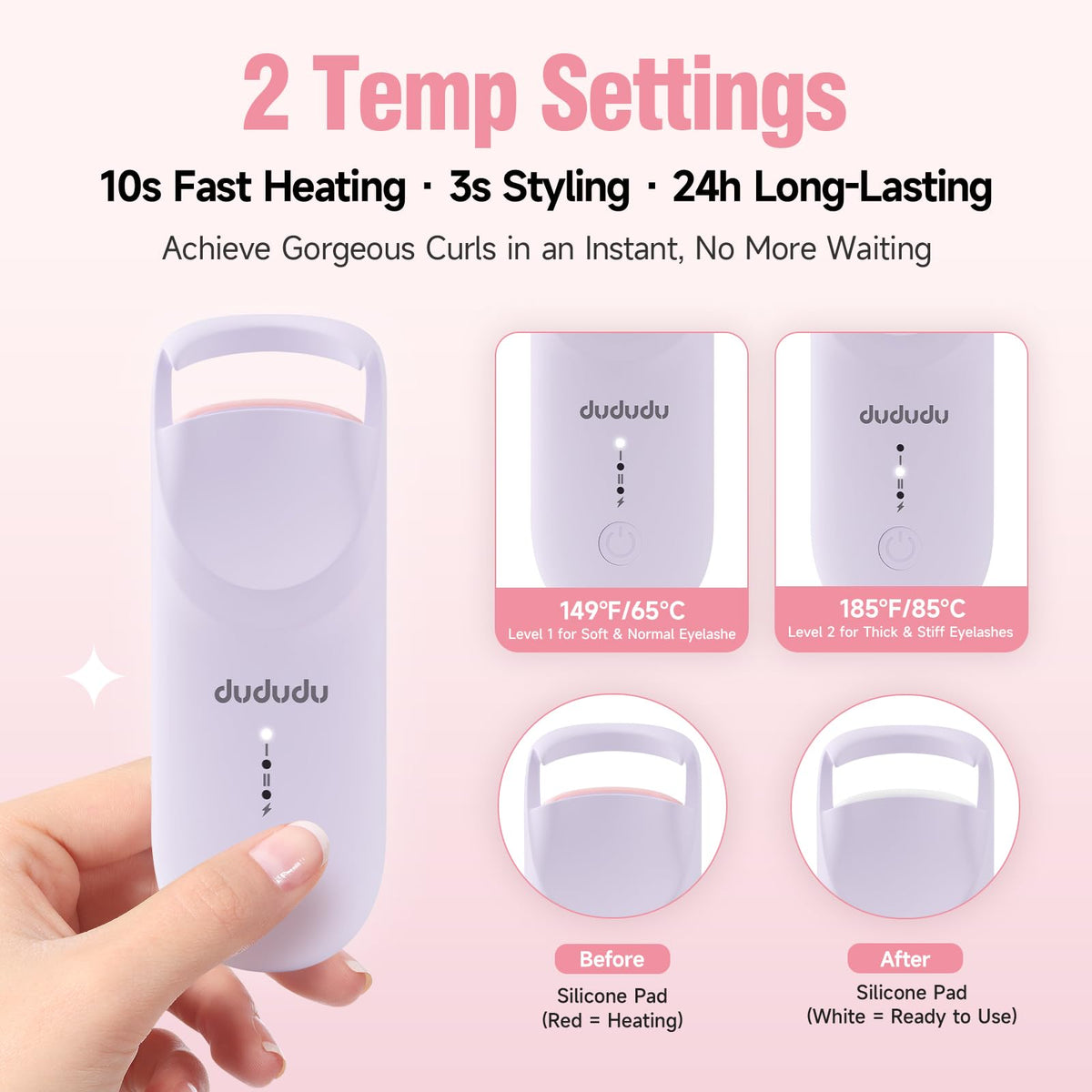 DUDUDU heated eyelash curler is compact and travel-ready for on-the-go