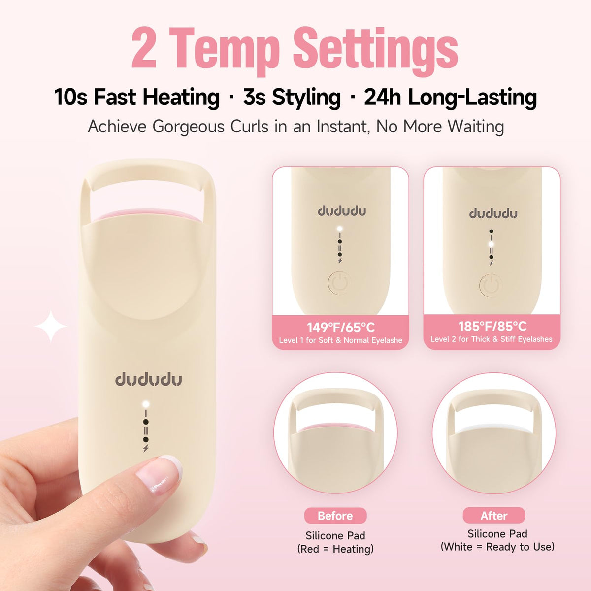DUDUDU heat indicator on the curler shifts red to white when ready
