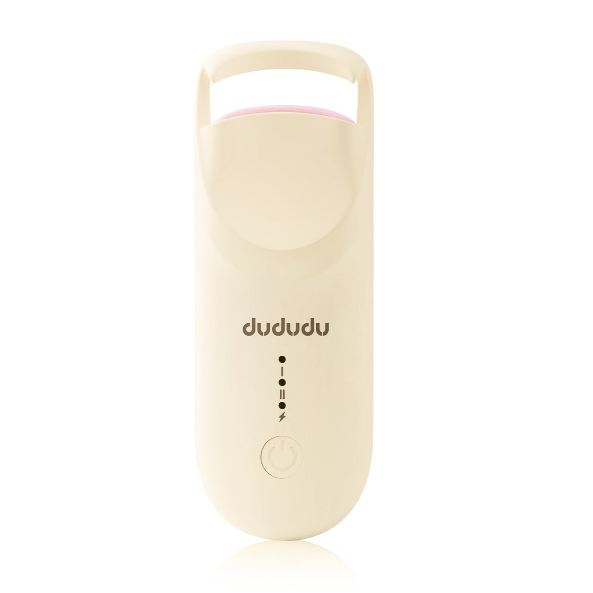 DUDUDU heated eyelash curler in hand showing precise gentle curling