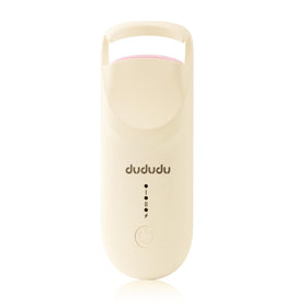 DUDUDU heated eyelash curler in hand showing precise gentle curling