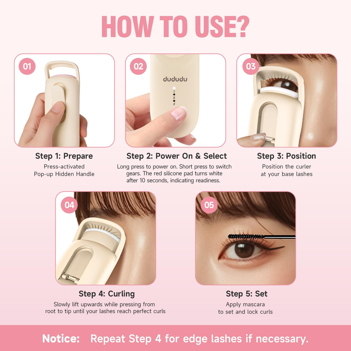 DUDUDU curls lashes after use, highlighting natural lift