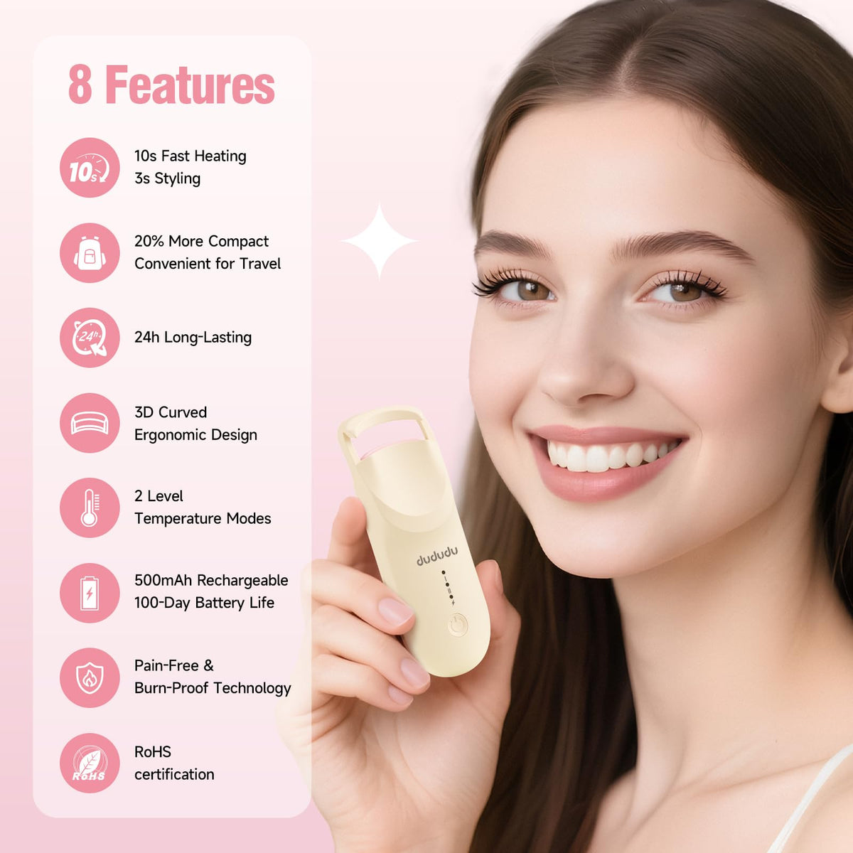 DUDUDU heated eyelash curler in packaging suitable for travel