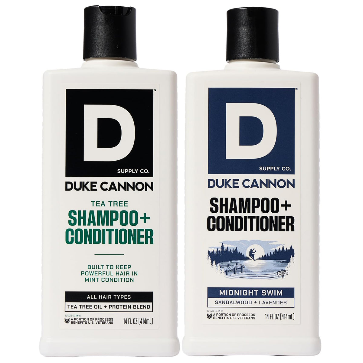 Duke Cannon 2-in-1 Tea Tree bottle close-up for refreshing scalp
