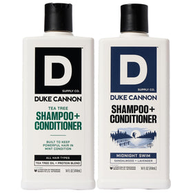 Duke Cannon 2-in-1 Tea Tree bottle close-up for refreshing scalp