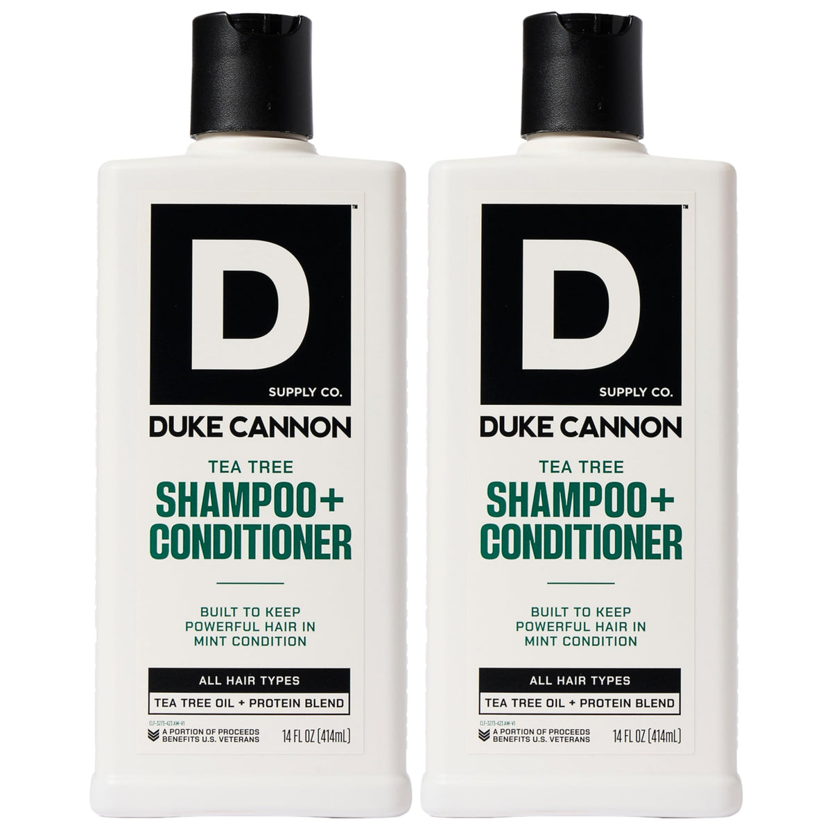 Duke Cannon 2-in-1 hair wash bottle with tea tree scent for refreshed hair.