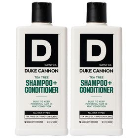 Duke Cannon 2-in-1 hair wash bottle with tea tree scent for refreshed hair.