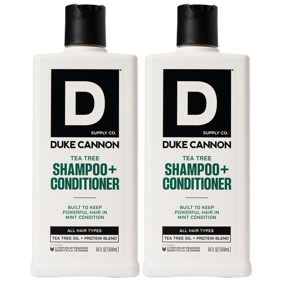 Duke Cannon 2-in-1 hair wash bottle with tea tree scent for refreshed hair.
