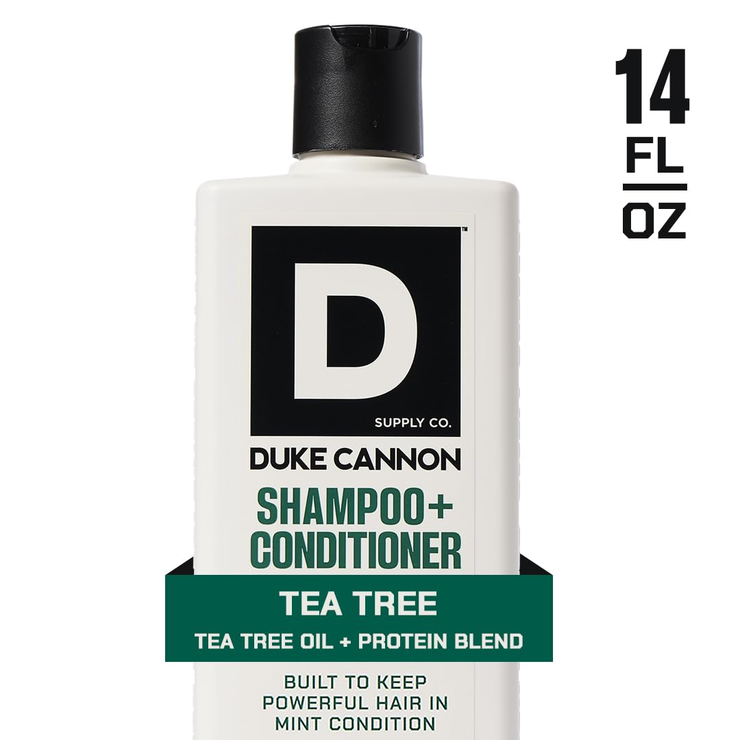 Duke Cannon 2-in-1 hair wash label highlighting tea tree ingredients.