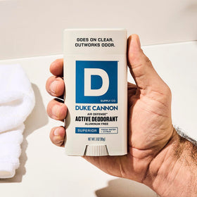 Duke Cannon aluminum-free formula for gentle odor protection.