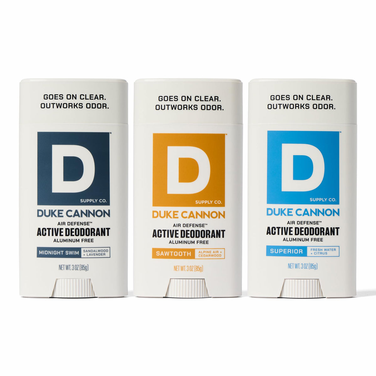 Duke Cannon Air Defense Midnight Swim deodorant bottle, easy glide for all-day freshness.