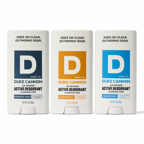 Duke Cannon Air Defense Midnight Swim deodorant bottle, easy glide for all-day freshness.