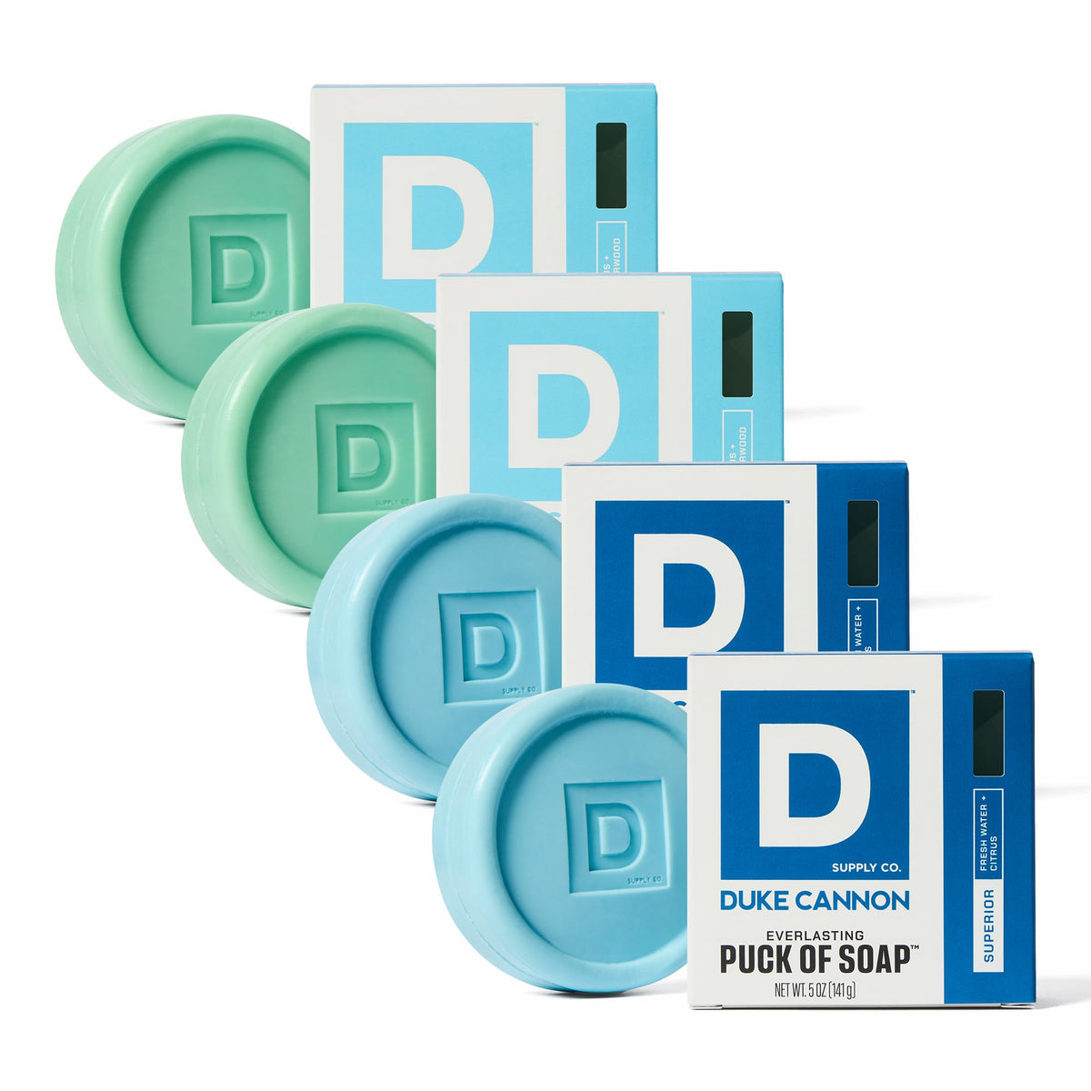 Duke Cannon Bar Soap Puck Bundle packshot showing a 4-pack for everyday grooming.