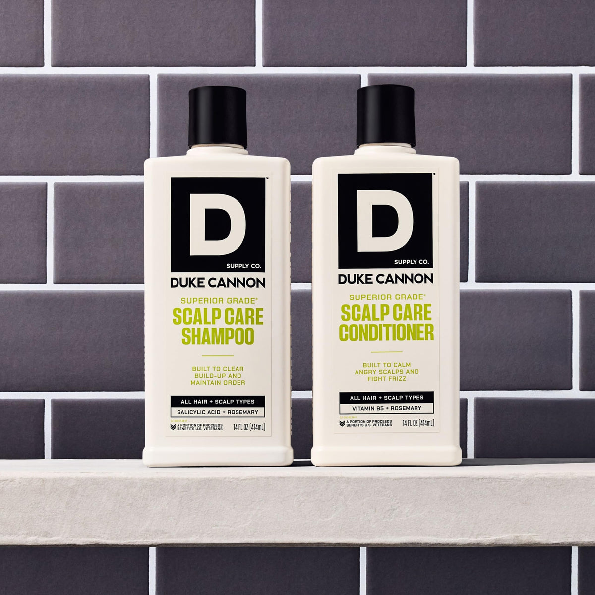 Duke Cannon scalp care duo in a bathroom setup ready to use.
