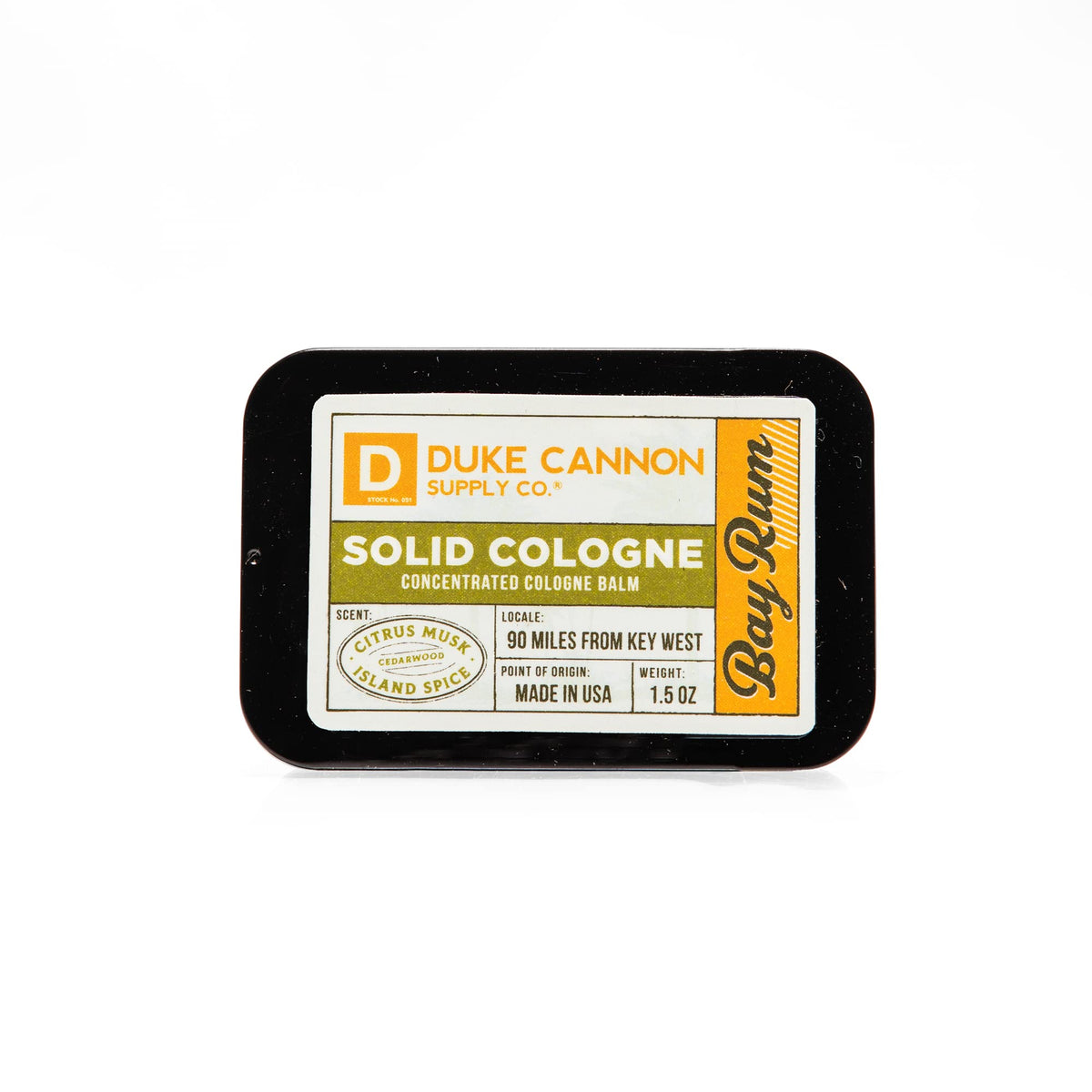 Duke Cannon Bay Rum solid cologne citrus musk note for daytime freshness.