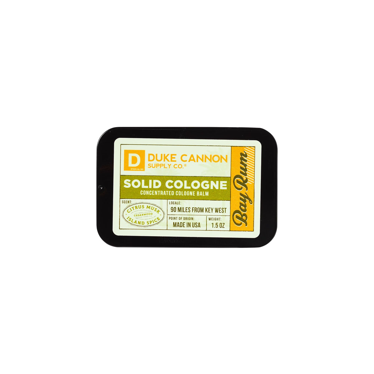 Duke Cannon Bay Rum solid cologne texture showing balm smoothness.