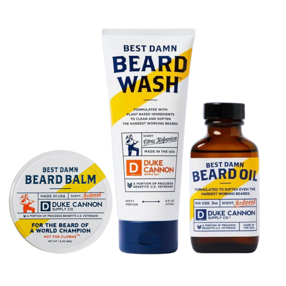 Duke Cannon beard wash bottle with citrus hefeweizen scent for clean, hydrated facial hair.