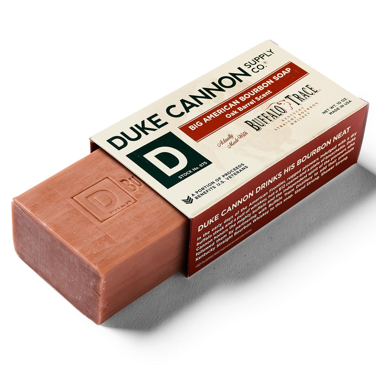 Duke Cannon Big American Bourbon soap bar block closeup highlights texture for rich lather