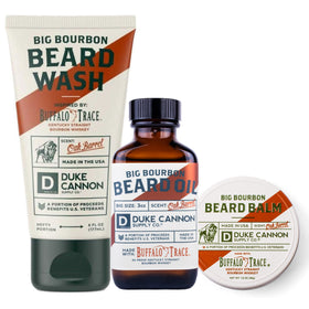 Duke Cannon Big Bourbon Beard Care Set shown together for complete beard maintenance.