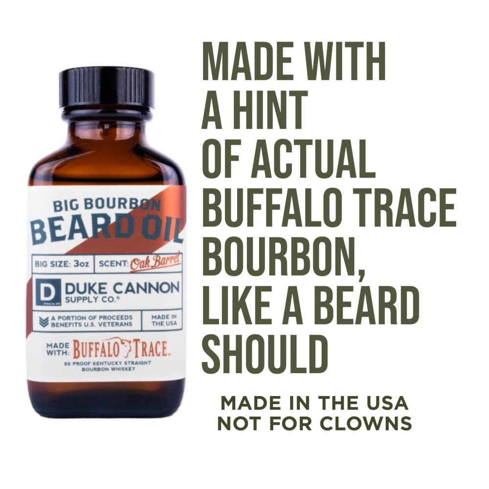 Duke Cannon Big Bourbon Beard Oil bottle provides lightweight hydration without greasiness.