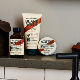 Duke Cannon Gift Set display demonstrates compact, travel-friendly beard care on the go.