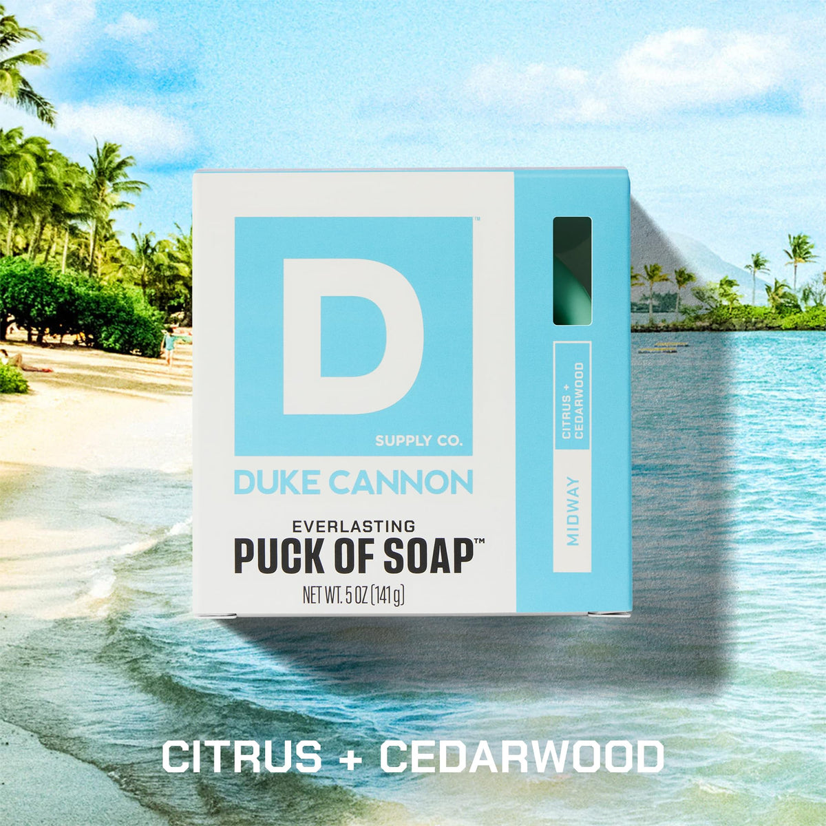 Duke Cannon Buck Moon scent bar soap puck emphasizing rugged, enduring scent for workouts.