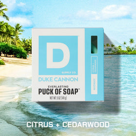 Duke Cannon Buck Moon scent bar soap puck emphasizing rugged, enduring scent for workouts.
