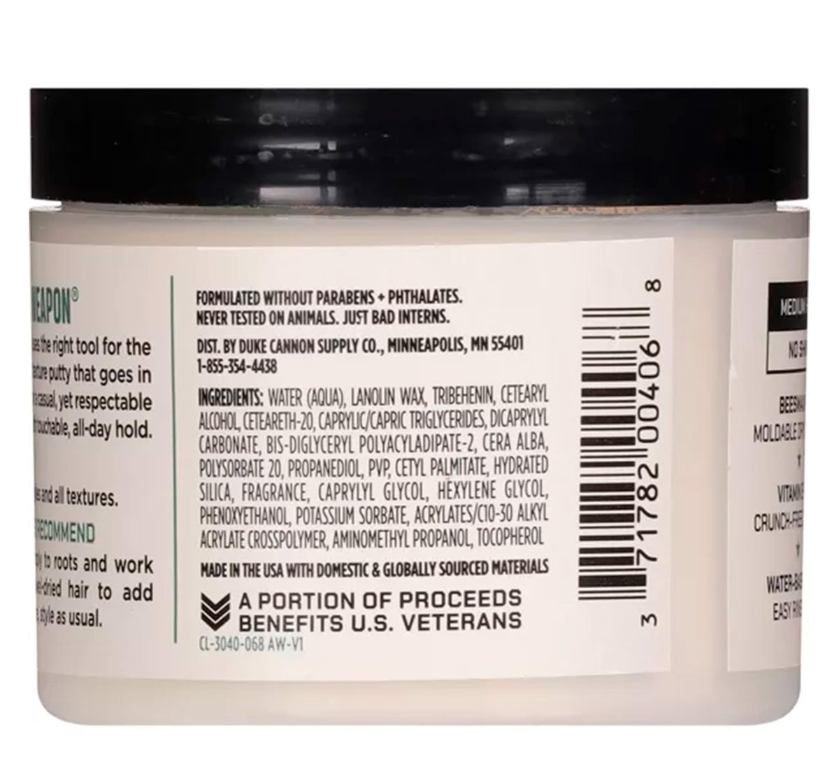 Duke Cannon Dry Hold Texture Putty packaging showcases product details and sizing.
