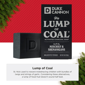 Duke Cannon Lump of Coal 10oz bar shown for long-lasting lather.