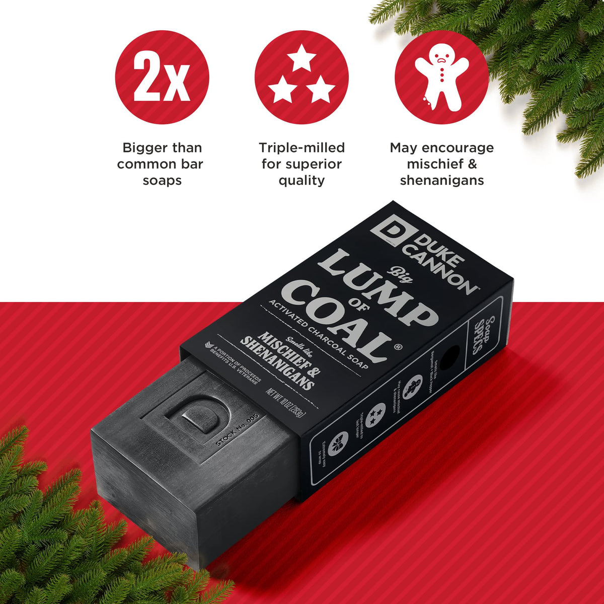 Duke Cannon Lump of Coal bergamot-pepper scent with bold masculine fragrance.