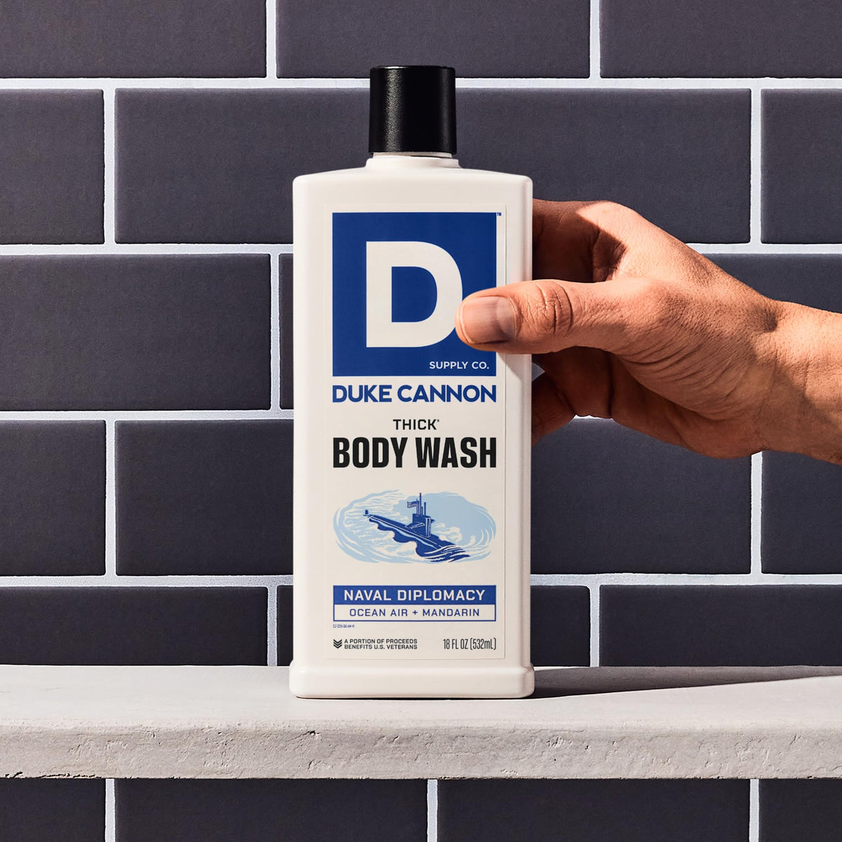 Duke Cannon Naval Diplomacy shower scene highlights a refreshing grooming routine.