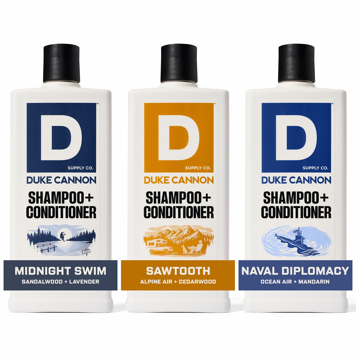 Duke Cannon News Anchor 2-in-1 Hair Wash 3-pack with Bay Rum, Naval Diplomacy, Cedarwood for daily scalp refreshment