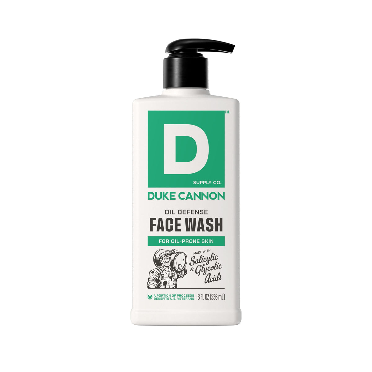Duke Cannon Oil Defense Face Wash bottle for daily oil control and refreshed skin.